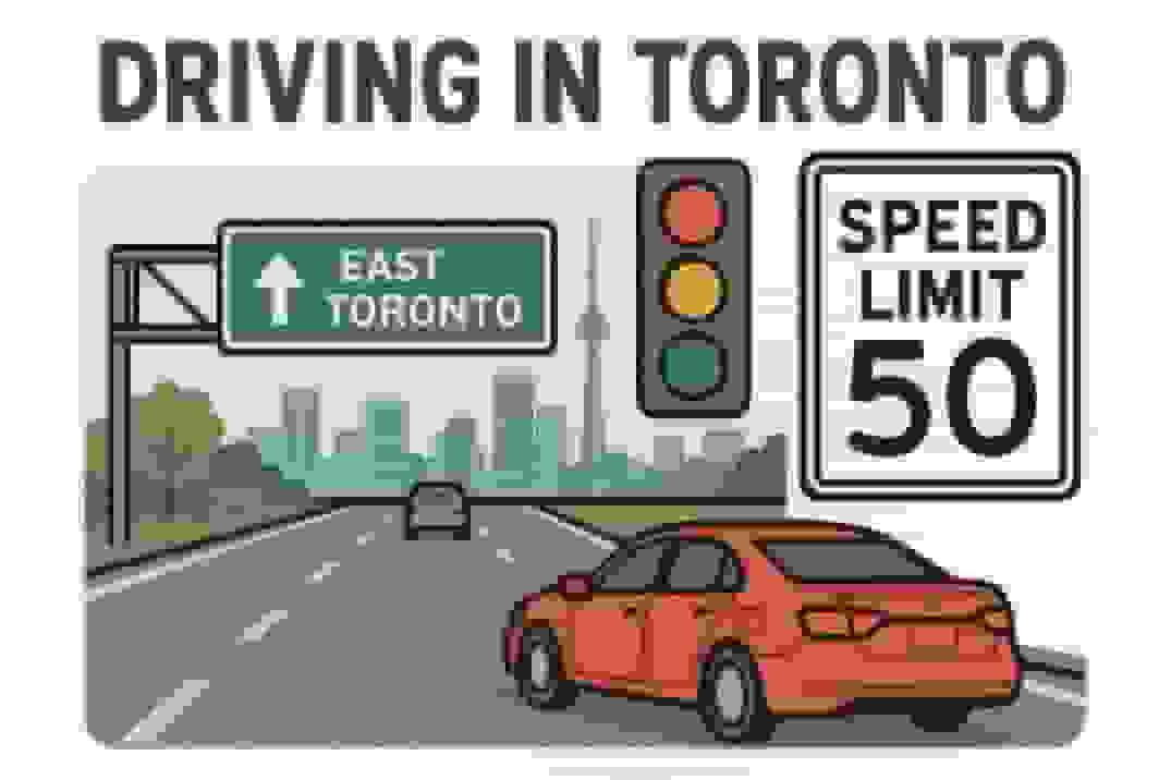 Flat-style illustration titled ‘DRIVING IN TORONTO’, showing a red sedan on a road toward a green ‘EAST TORONTO’ highway sign, a vertical traffic light, a ‘SPEED LIMIT 50’ sign, and the Toronto skyline with the CN Tower in the background.